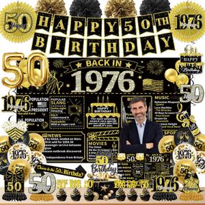 50th Birthday Decorations - Black and Gold Vintage Back in 1976 Party Supplies include Backdrop Hanging Swirls Sash Balloons, Happy 50th Birthday Decorations for Men Women