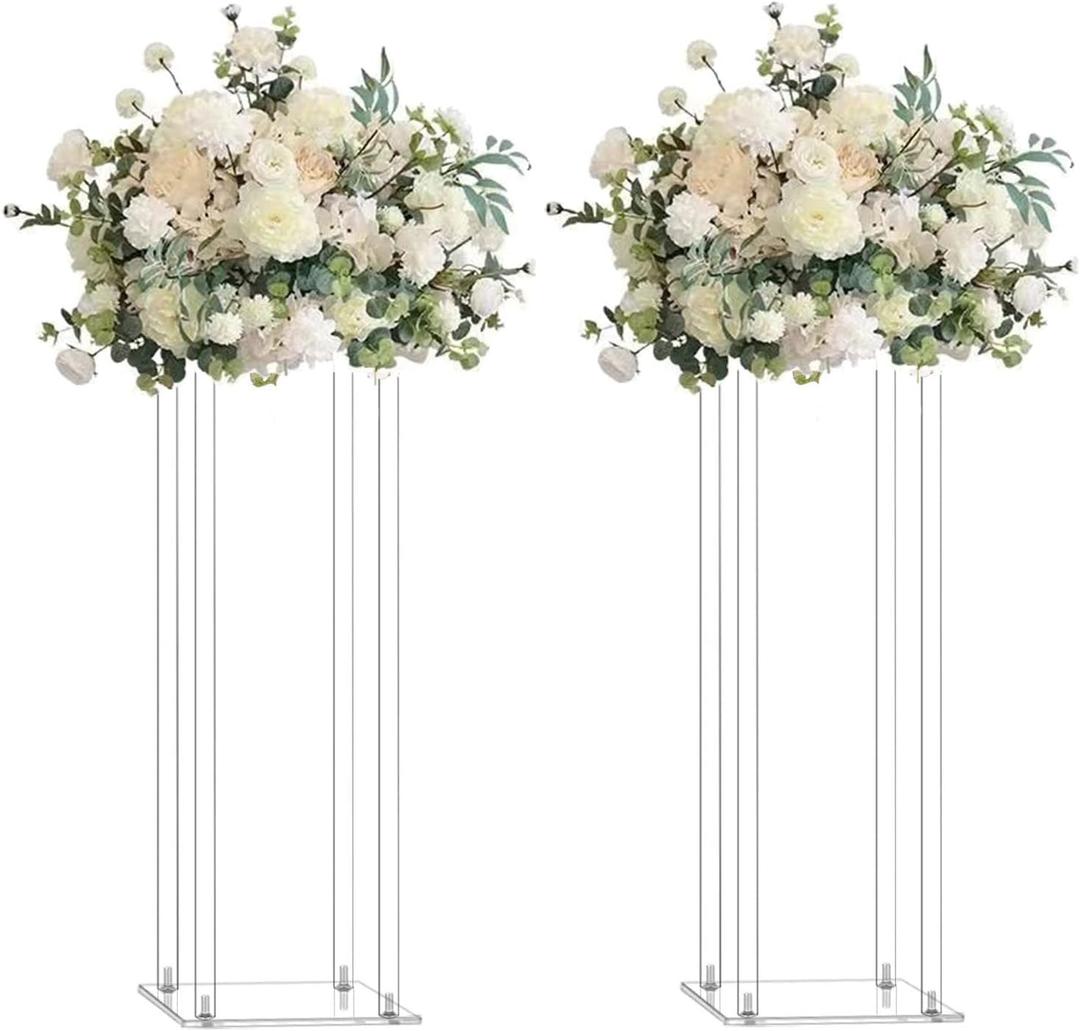 2 Pack 32'' Tall 10'' Dia. Clear Floor Vase Wedding Decoration Table Centerpiece Crystal Acrylic Flower Stand Floral Display Rack Backdrop Column for Event Dcor