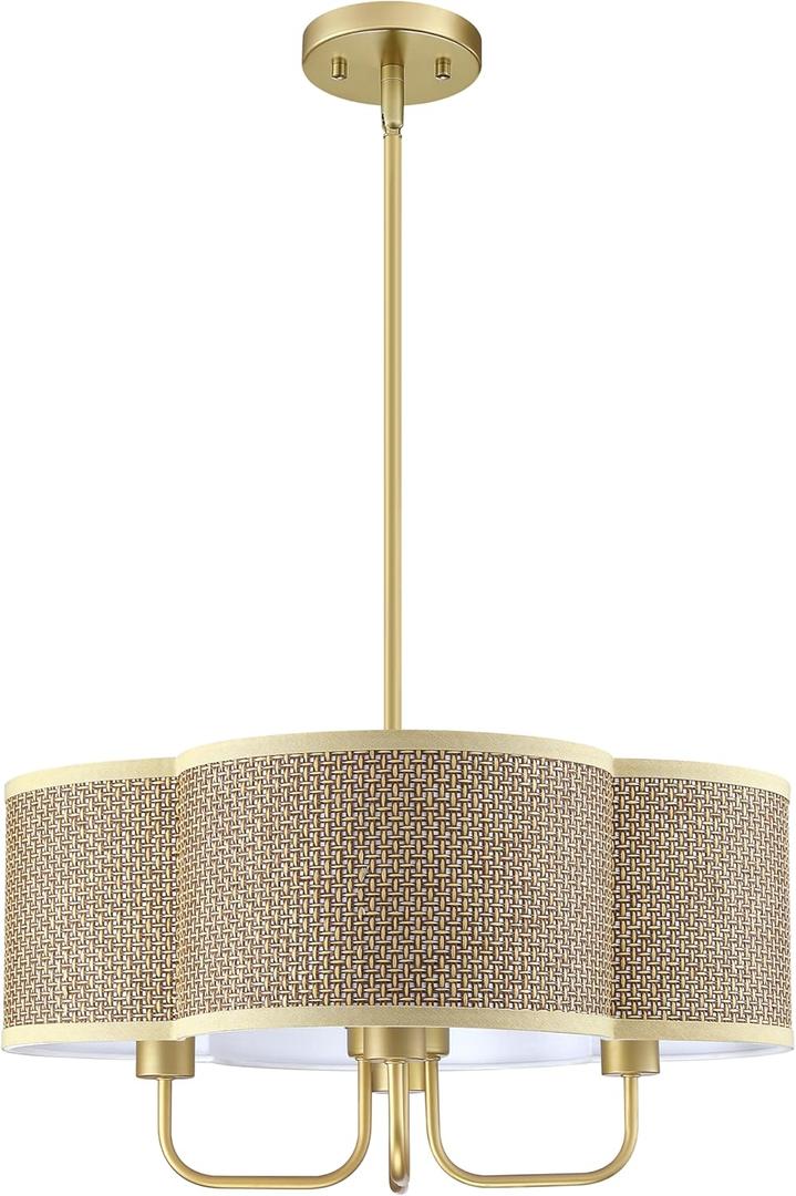4 Light Mid Century Modern Chandelier Light Semi-Flush Mount Fixture Gold Finish, 21" Brown Mack Paper Burlap Linen Drum Fabric for Bedroom Hallway Living Room Bathroom Dining (E26 Base)