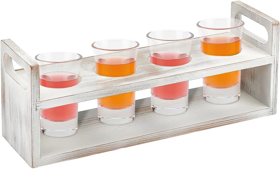 FINGERINSPIRE Beer Flight Board Holds 4 Glass White Wood Shot Glass Holder Rack Rectangle Beer Sampler Tray Flight Paddle Shot Glass Serving Tray for Beer Tasting Bar Home Parties (Slot: 2.2inch)