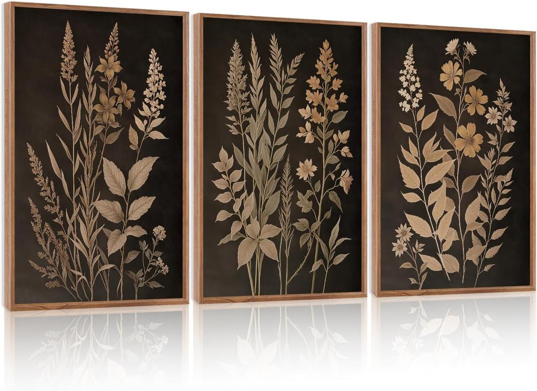 HLNIUC Vintage Botanical Fern Framed Canvas Wall Art Set,Black and Tan Plant Leaves Wall Decor,Modern Farmhouse Art Print,Neutral Minimalist Herb Floral Wall Painting for Living Room,Office - 24x36x3