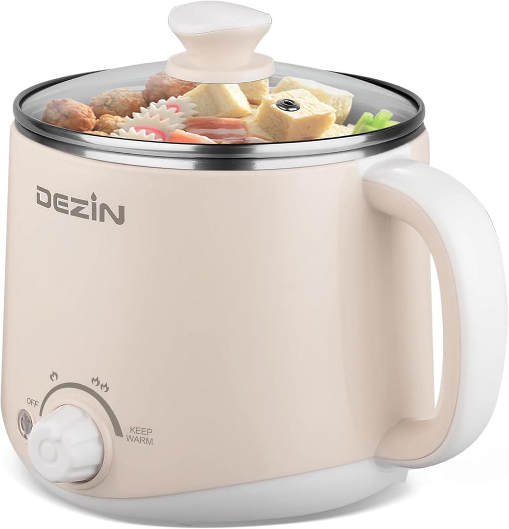 Dezin Electric Pot, 1.6L Ramen Cooker, Hot Pot Electric Stainless Steel, Multifunctional Cooker for Egg, Pasta, Soup, Porridge, Oatmeal with Temperature Control and Keep Warm Function (1.7 Quarts, Beige)