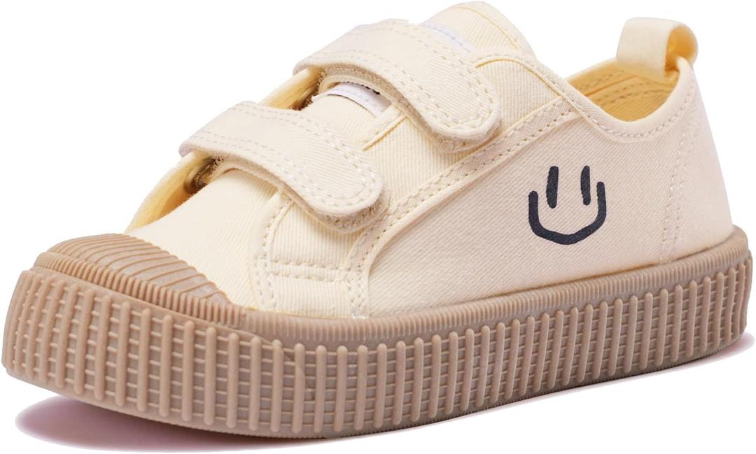 HAPPY NOCNOC Toddler Shoes for Boys & Girls, Canvas Dual Hook and Loops Sneakers with Candy-Colored Sole (8.5 Toddler, Khaki)