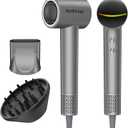 Hair Blow Dryer with Diffuser: 1500W High-Speed Brushless Motor 500M Ionic Technology, Thermo-Control Low Noise for Curly, Straight & Damaged Hair, Home Travel Salon (Grey)