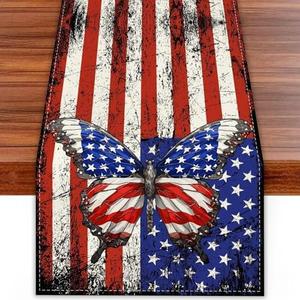 Pack of 2 Linen Red White and Blue Butterfly Memorial Day Table Runner 72 Inches Long 4th of July Veterans Day Patriotic Decorations and Supplies for Home Kitchen Dining Room Table