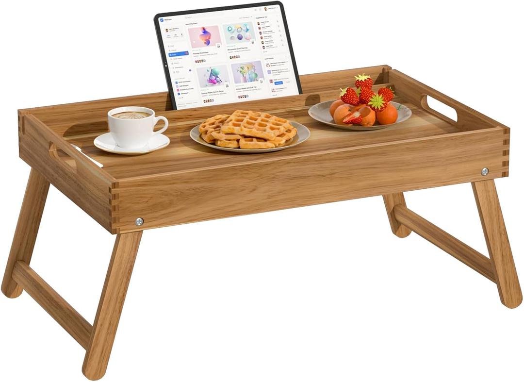 22"x14" Acacia Wood Folding Bed Tray Table, Extra Large Breakfast in Bed Tray with Raised 7.9" Leg Space, Foldable Legs, Tablet & Phone Slots, Cable Grooves, Food Tray for Bed