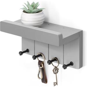 Rebee Vision Small Key Holder Wall Mount - Decorative Key and Mail Holder for Wall with Shelf and 4 Hooks for Aesthetic Room Decor - Modern Apartment Essentials for Home Decor (Light Gray) (Small - 8 inch)