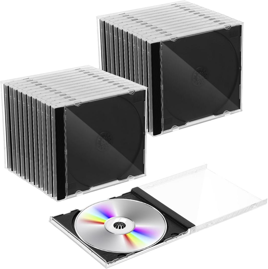 20 Pack Upgraded Standard Single Clear CD Jewel Case,CD Storage Case with Assembled Black Tray, Thickened Material