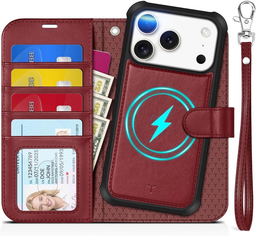 TUCCH Detachable Case Wallet for iPhone 17 Pro (6.3") 2025, Wrist Strap | 4 Card Holders RFID Blocking | Wireless Charging | Stand | 2-in-1 Magnetic | PU Leather | Shockproof Folio Cover | Dark Red
