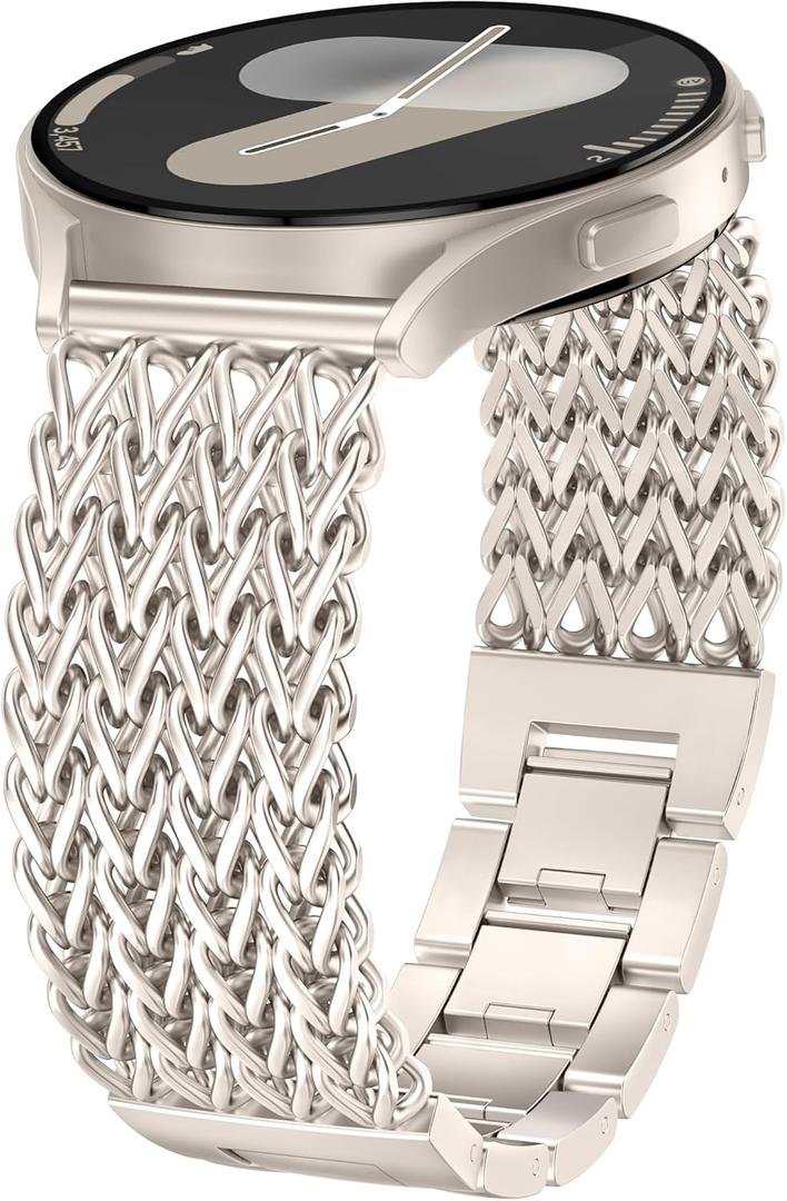 Minyee Compatible with Samsung Galaxy Watch 7 6 5 4 FE 40mm 44mm/Watch 6 Classic 43mm 47mm/Watch 5 Pro 45mm Bands Women, 20mm Dressy Stainless Steel Metal Gold Chain Strap Mermaid Designer Wristband (Starlight)