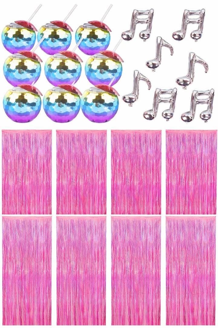 Party Box, 8 Pack Pink Backdrop, 10pcs Music Note Silvery Balloons, 12 Disco Ball Cups for Birthday