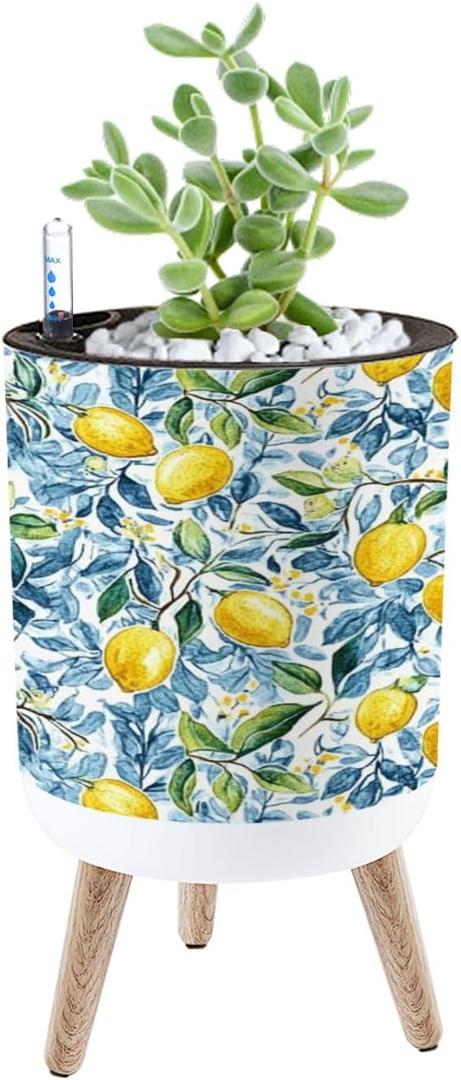 Planter with Stand Beautiful seamless pattern Sicilian style hand drawn watercolor lemons 8.6" Self Watering Plant Pot with Legs Water Level Indicator & Water Inlet Lazy Flower Pot Indoor Modern Decor (14.2" x 8.6", Color7)