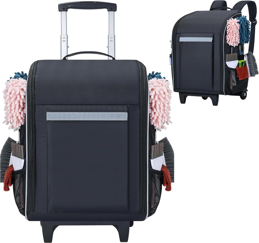 Rolling Cleaning Caddy Backpack with Wheels, Large Capacity Cleaning Supply Organizer Bag with Detachable Trolley & Backpack Strap, Water-Resistant Cleaning Bag for Houskeeper Cleaner