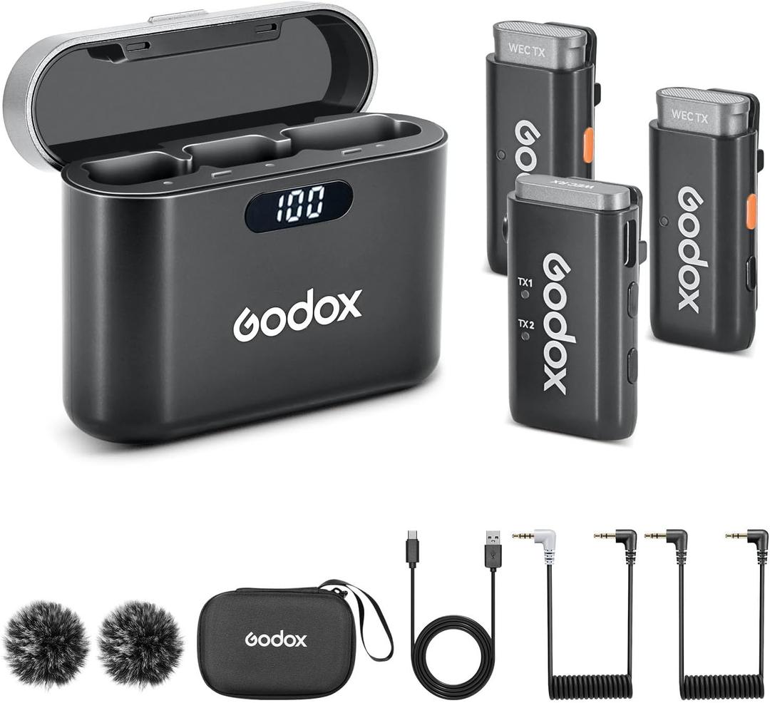 GODOX WEC Kit2 Wireless Lavalier Microphone, 8H Battery Life, Dual Channel 2.4G Wireless Mic, 200m(656ft.) Range, Noise Cancelling with Charging Case for Cameras, Smartphone, PC, TikTok, YouTube