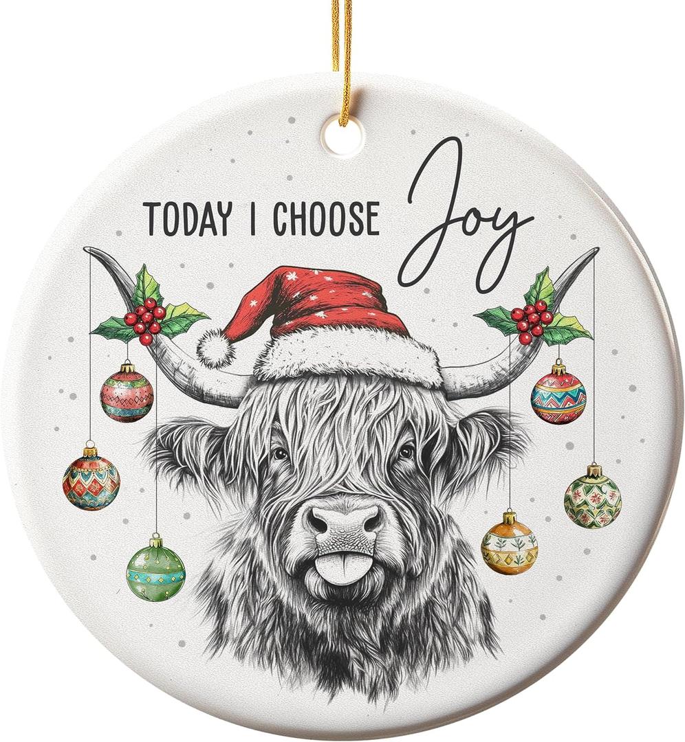 5 x Highland Cow Ornament - Farmhouse Christmas Ornaments - Double-Sided Printed Ceramic Ornament for Christmas Tree Decoration