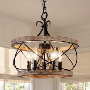 20" Farmhouse Chandelier, 5-Light French Country Drum Chandelier Over Table, Wood Chandelier for Kitchen Island Dining Room Entryway