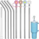 8 PCS Stainless Steel Straw compatible with Stanley 40oz Adveture Quencher Tumbler, 12 inch Replacement Straw with 8 PCS Flower Straw Cover, Metal Straw compatible with Stanley 30oz (Cream, Pink, Blue, Brown)