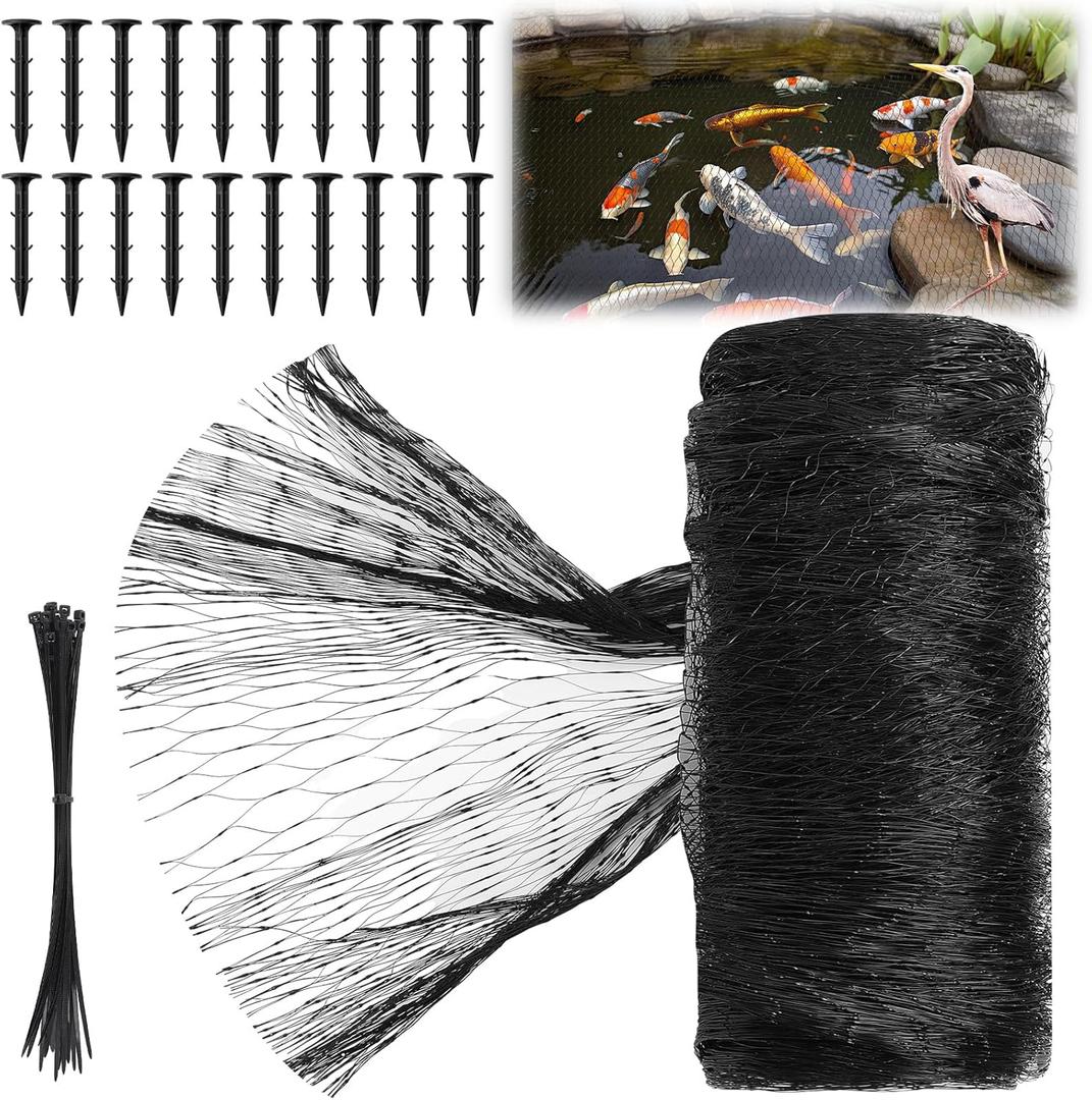 Koi Pond Netting Kit 15 x 20ft, Bird Deer Fence Netting, Durable Net Cover for Leaves, Heavy Duty Fine Mesh, Protect Fish from Blue Heron Birds, Cats & Predators, 20pcs Stakes & Ties Included (Black)