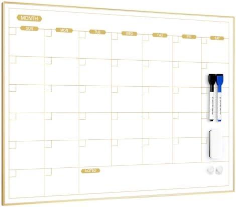 ARCOBIS Monthly Calendar Whiteboard for Wall, 24" x 18" Magnetic Dry Erase Calendar with Gold Frame, Wall Hanging Planner for Home, Office, School