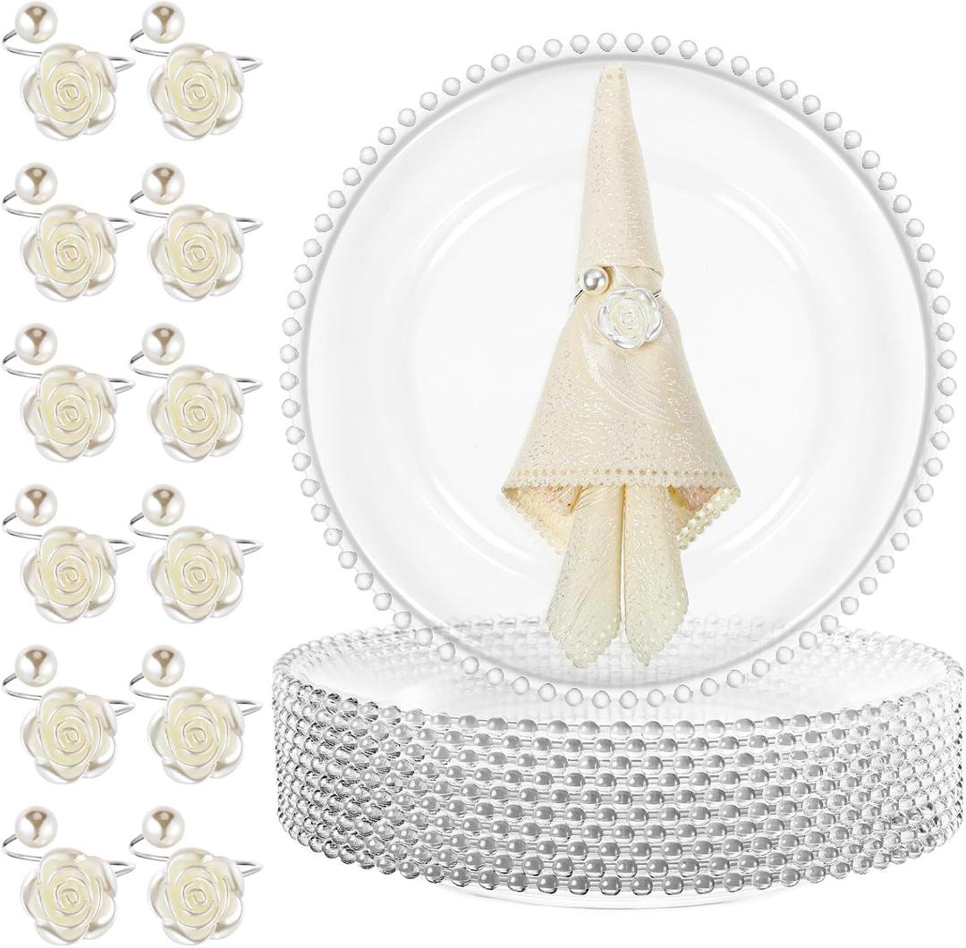 Tioncy 12 Set Clear Charger Plates with Napkin Rings 13 Inch Plastic Round Charger Plates with Bead Rim Dinner Table Decor for Christmas Holiday Party Wedding Tabletop Decoration(Rose,Silver)