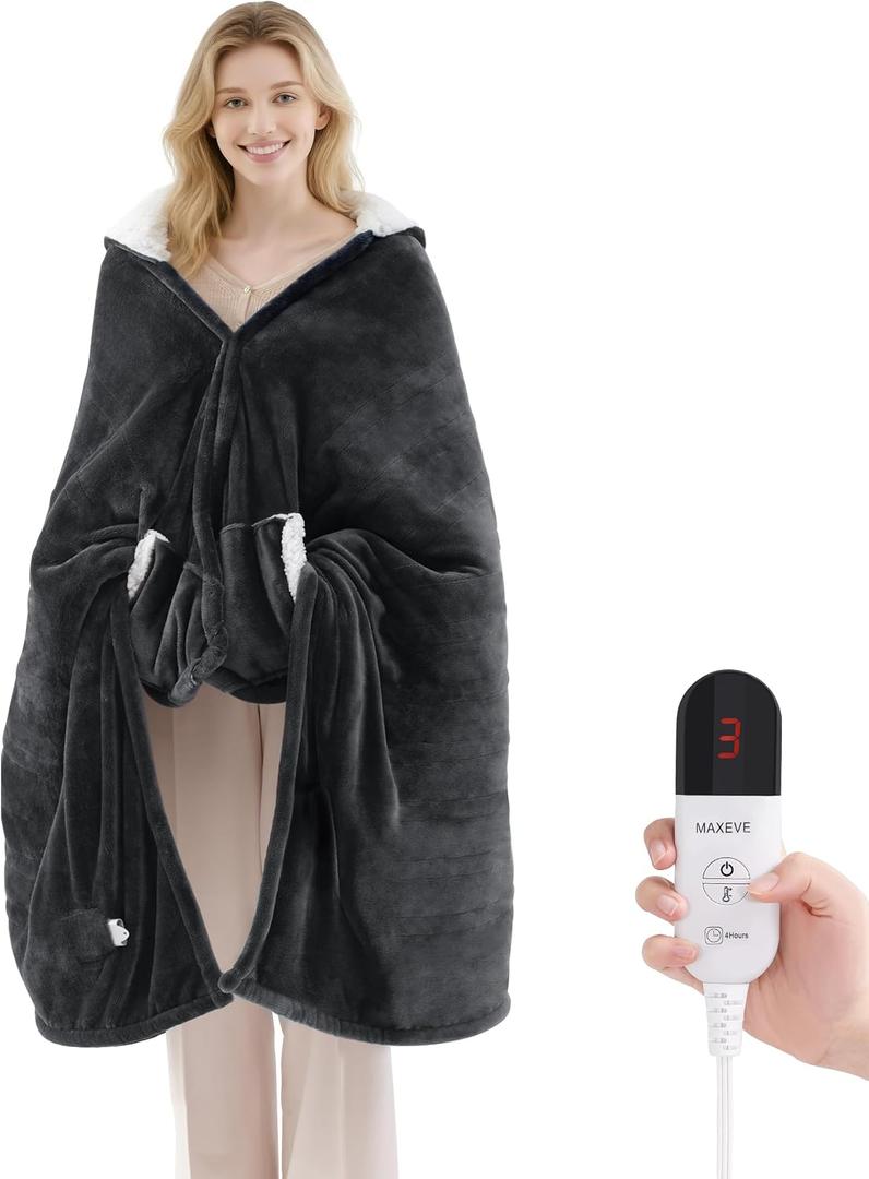 Heated Blanket Wearable Electric Blanket with Hood and Pockets, Heating Throw Blanket, Electric Heated Wrap Shawl with 6 Heating Levels Setting & 4 Hours Auto Shut Off, Machine Washable (Shrot, Grey), Short