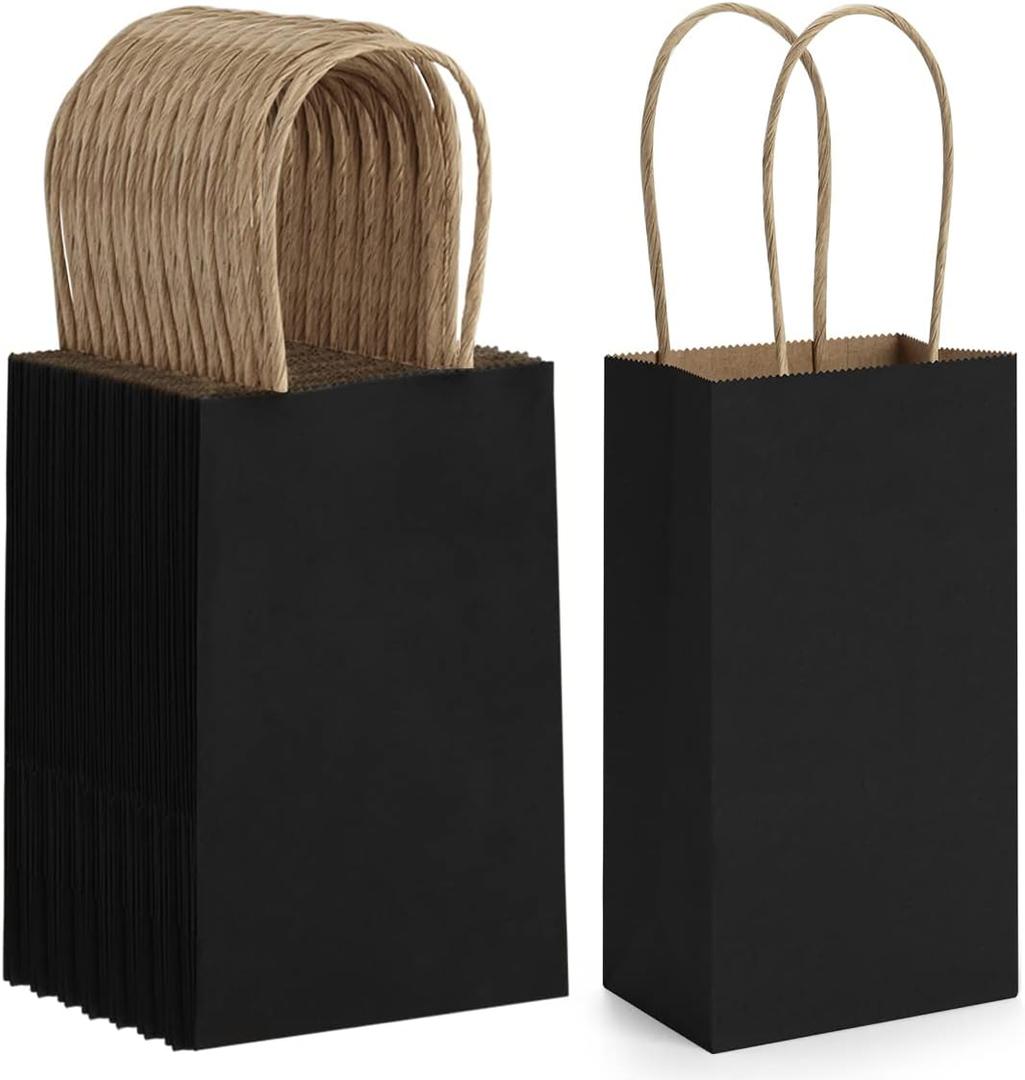 BagDream 100 Pack 3.5x2.4x6.7 Inches Mini Gift Party Favor Bags Small Kraft Black Gift Bags with Handles Bulk Recyclable Paper Sacks