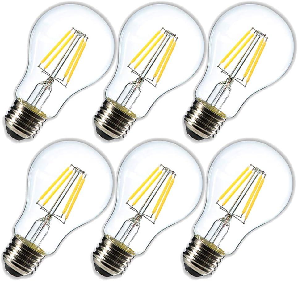Dimmable 4W Vintage LED Filament Bulb 4000K Daylight White, Edison A19/A60 LED Light Bulbs, 40W Equivalent E26 Medium Base Lamp, Clear Glass Cover 400 Lumens, Pack of 6