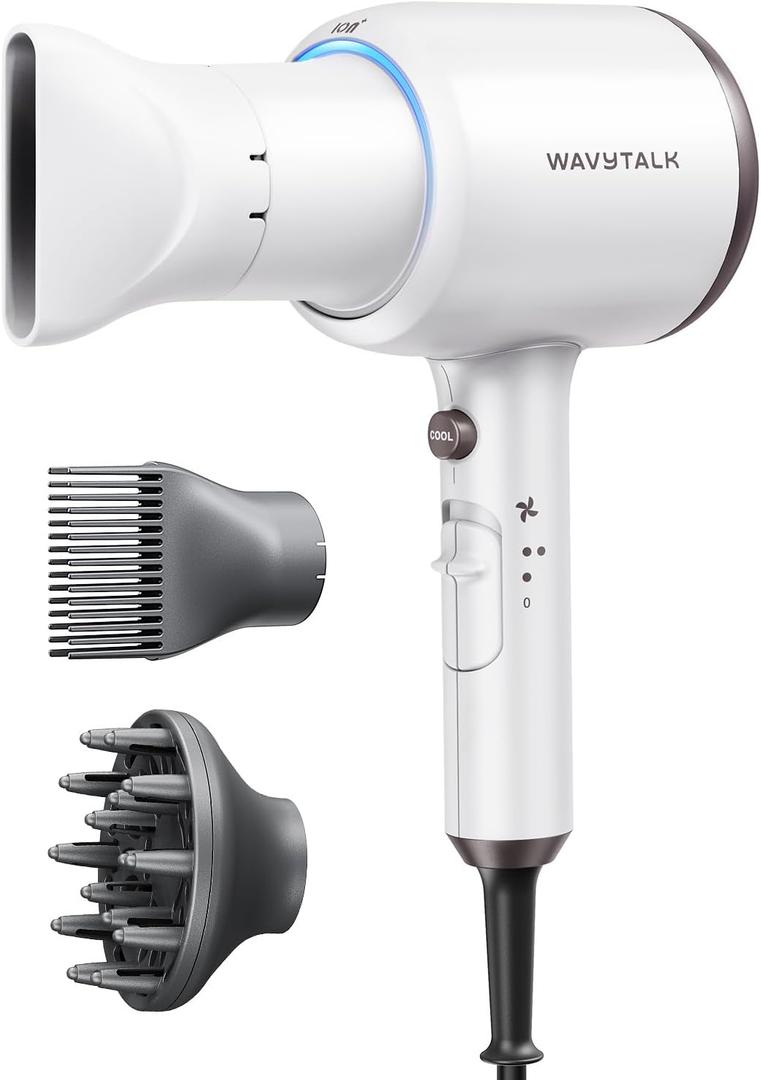 Wavytalk Hair Dryer, Blown Away Ionic Hair Dryer for Curly Hair with Diffuser, 1875W Fast Drying Blow Dryer with Ceramic Technology, 3 Attachments for All Hair Types, Light and Quiet, White