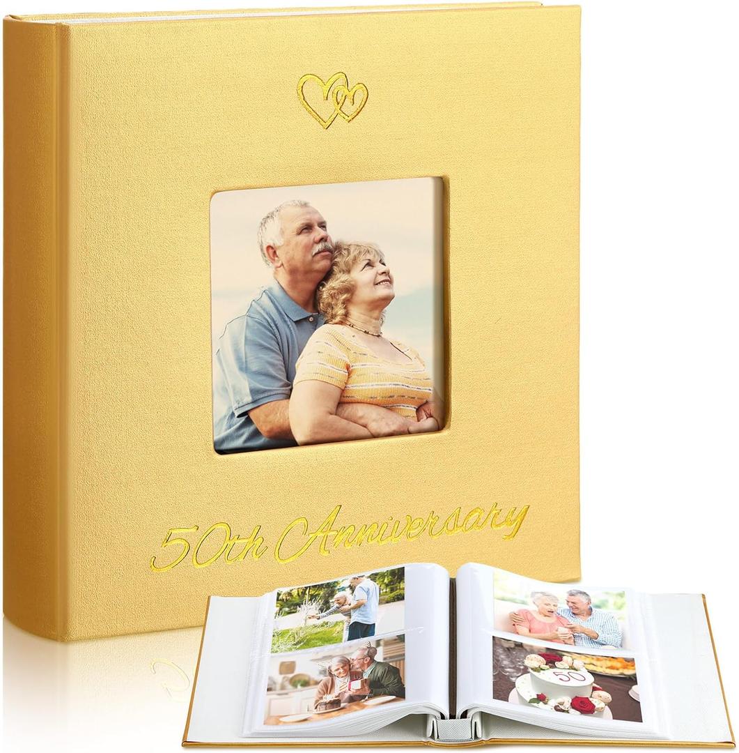Memory Photo Album Holds 200 Pcs 4 x 6 Inch Leather Wedding Anniversary Family Photo Album with Front Window Double Heart Memory Scrapbook for Couple Gifts(50th Anniversary)