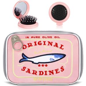 Reginary 2 Pcs Pink Canned Sardines Makeup Bag and Mini Hair Brush with Mirror Cute Cosmetic Bag Folding Hair Brush Kawaii Pencil Case Pouch Portable Travel Toiletry Bag Funny Waterproof for Women