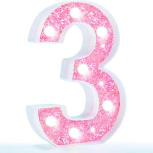 Pooqla Marquee Number Lights, Pink Light Up Numbers for Girls 3rd 13th Birthday, Battery Powered Glitter Number Night Light Gift for Christmas Bedroom Dorm Party Decoration, Cool White Number 3