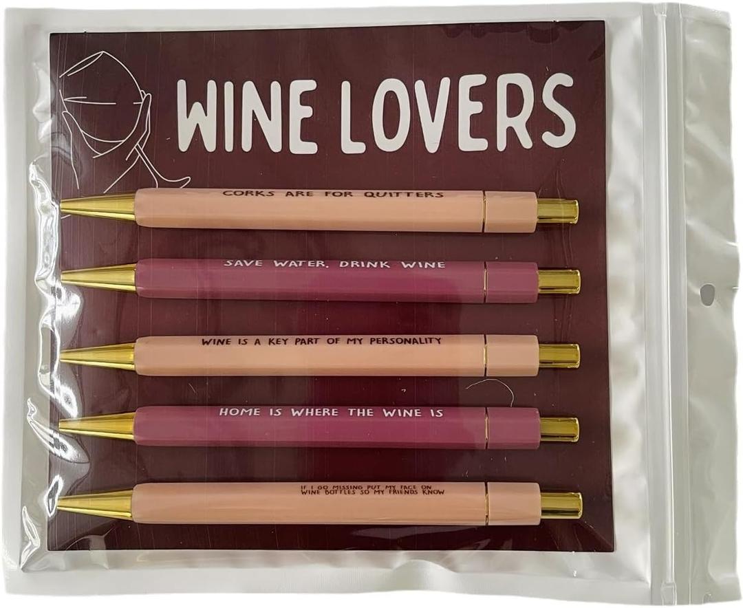 Funny Pens 5-Pack, Novelty Pens, Black Ink, Medium 1.0mm, Retractable Ballpoint Pens, Funny Quotes Swear Word Daily Pen Set, Office Gifts (WINE LOVERS)
