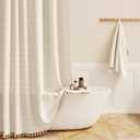 BTTN Extra Long Shower Curtain, 72x84 Inch Long Boho Tassel Linen Fabric Shower Curtain Set with Plastic Hooks, Tall Modern Farmhouse French Country Chic Cloth Shower Curtain for Bathroom, Cream/Beige