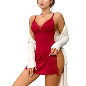 Hamefen Women's Lingerie Sexy Nightwear Spaghetti Strap Nightgown Babydoll Chemise Red X Large