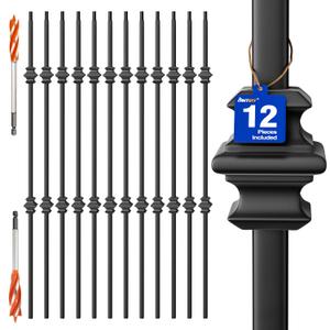 Wrought Iron Hollow Balusters - Deck Spindles Stair Railing Indoor,Stair Double Knuckle Hollow Iron Baluster Stair spindles, for Staircase Interior, Includes 2 Drill Bits for Wood(12 Pack Black)