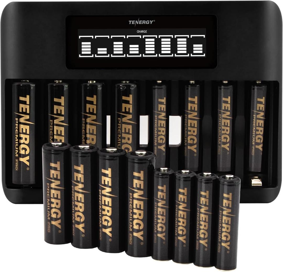 Tenergy TN480U 8-Bay LCD Display Fast Charger with 8 Pack AA and 8 Pack AAA Premium Pro Rechargeable Batteries