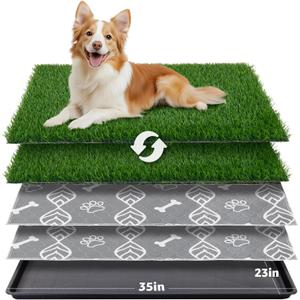 LOOBANI Large Dog Grass Pad with Tray - 35x23in Dog Litter Box with 2 Artificial Grass Patch + 2 Washable Pee Pads - Quickly Absorbency Indoor Outdoor Potty for Patio Balcony Apartment Use