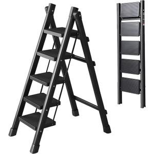 5 Step Ladder with Anti-Slip and Wide Pedal 220 lbs Capacity Folding Step Ladder for Household Kitchen Office(P-Black, 5 Step Ladder)