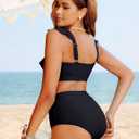 Kate Kasin Womens High Waisted Bikini Sets Ruffle Tummy Control Swimsuits Full Coverage Cheeky Two Piece Bathing Suit (Black, L)