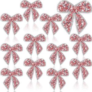 Daifunli 12 Pieces Bow Knot Rhinestone Patches Sparkling Crystal Appliques Iron Sew on for Jeans Jackets Bags Backpacks Hats Shoes Clothes Decorations Crafts(Pink)