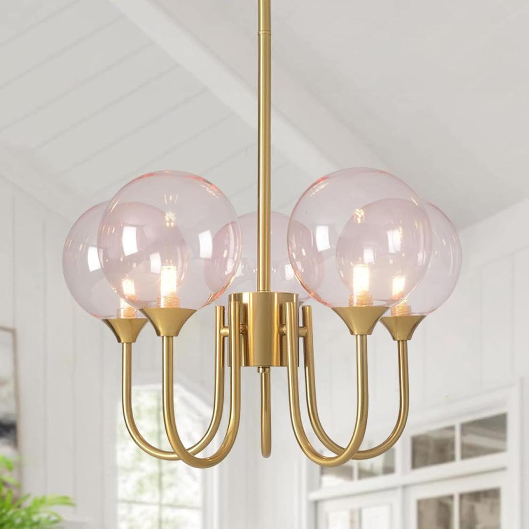 Pink Bubble Chandelier 20 inch 5 Lights, Mid Century Modern Gold Lighting Fixture Glass Sputnik Pendant Hanging Ceiling Light Castle Chandeliers for Girls Dining Living Room Bedroom Kitchen