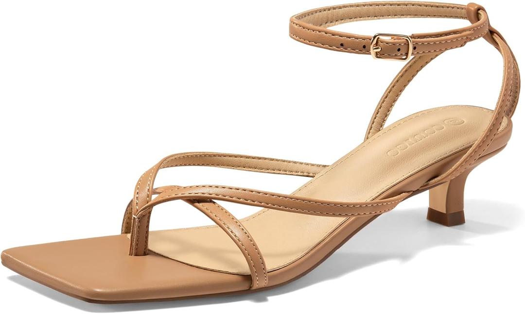 Coutgo Womens Strappy Low Kitten Heels Sandals Open Square Toe Flip Flop Summer Dress Party Shoes (Beige)