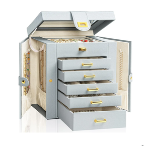 AKOZLIN Functional 6-Tier Jewelry Box Organizer with 5 Drawers Leather Jewelry Storage Case for Women Girls Ring Necklace Earring Bracelet Holder Organizer with Mirror Grey