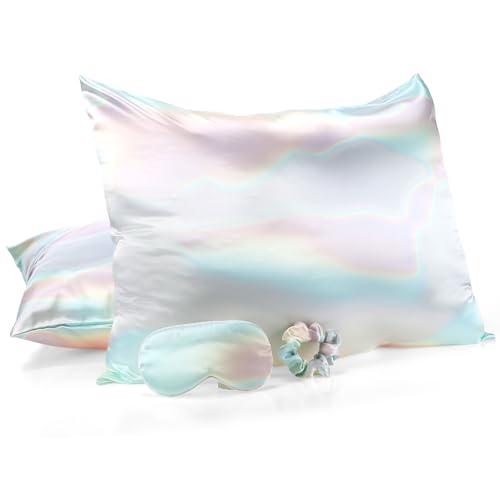 2 Pack Satin Pillowcase with Hidden Zipper, Adjustable Satin Eye Mask for Sleeping and Satin Volume Scrunchie for Hair and Skin, Standard Size(Aurora,Classic Style)