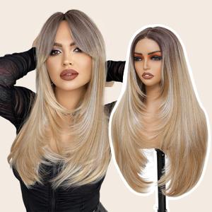 Glueless Synthetic Lace Front Wig Long Blonde Wig for Women Straight Layered Wig 28" 4x1 HD Lace Pre Plucked Hairline Middle Part Synthetic Wigs for Daily Party (Drak Blonde with Drak Root,28Inch)