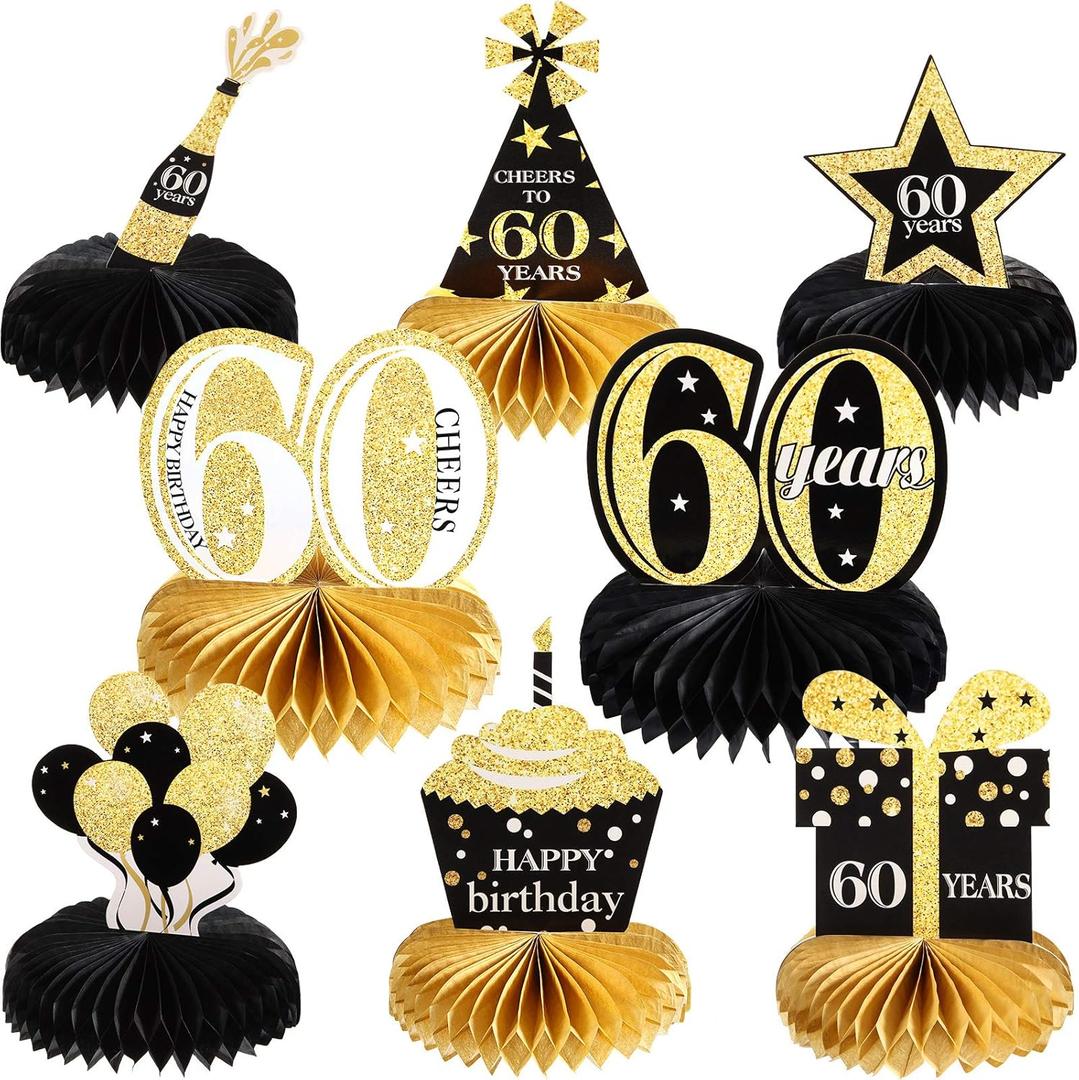 8 Piece 60th Birthday Decoration for Men Women 60th Birthday Centerpieces Honeycomb Table Centerpieces Cheers to 60 Years Table Toppers for Sixty Years Party Favors