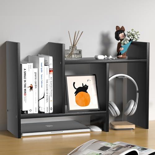FNBAR Desk Shelves Wood Desktop Orgnizer Shelf.Office Organization for Top of Desk Organizers and Accessories Bookshelf Shelving,Adjustable Tier H-Shape Mini Bookcase(Black)