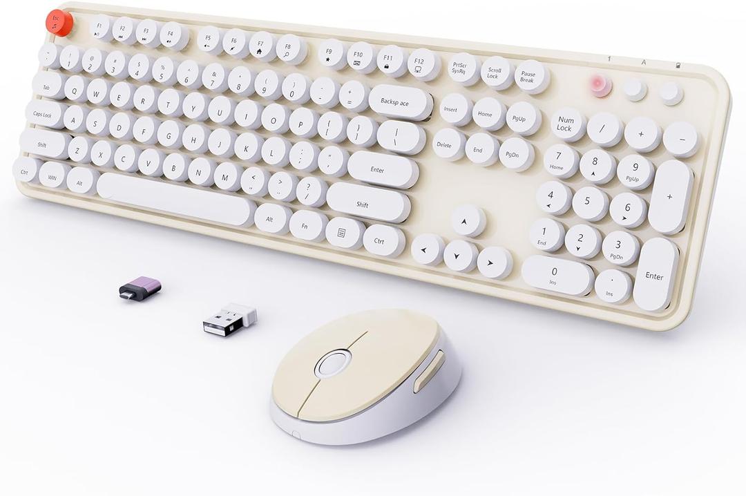 Wireless Keyboard and Mouse Combo, Ergonomic Full Size Typewriter Retro Round Keycaps Keyboard, Compatible with Windows, PC, Perfer for Home and Office Keyboards (Beige (Creamy white)