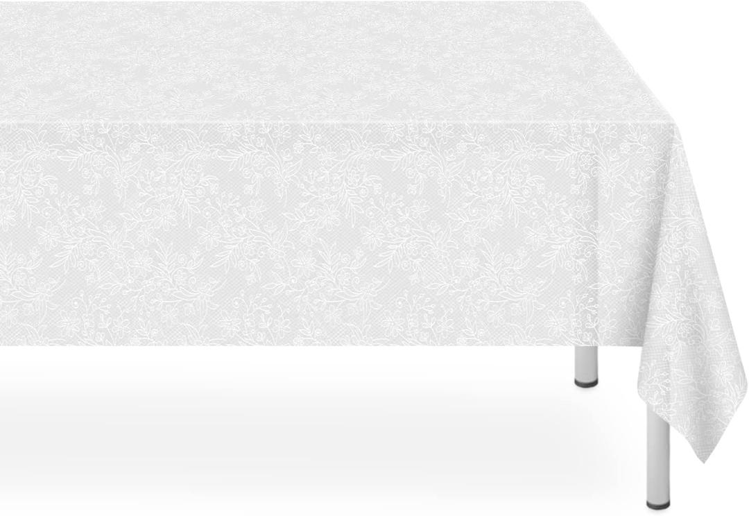 12 Pack Plastic Lace Tablecloth, White Plastic Table Cloths for Parties Disposable, 54x108 in Waterproof Rectangular Plastic Lace Camping Tablecloth for Birthday, Party, Wedding