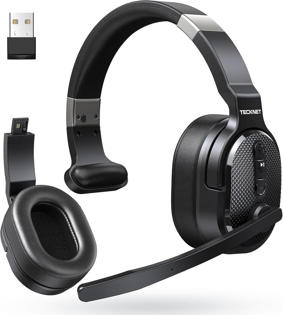 TECKNET Bluetooth Trucker Headset, Single and Dual Ear Wireless Headset with Mic for Work Noise Cancelling, 50Hrs 3 EQ Music Modes Trucker Bluetooth Headphones for PC, Drivers, Office, Call Center (Black)